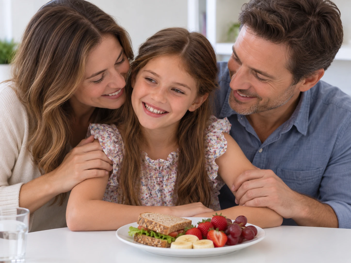 Família reunida à mesa sorrindo com um lanche saudável