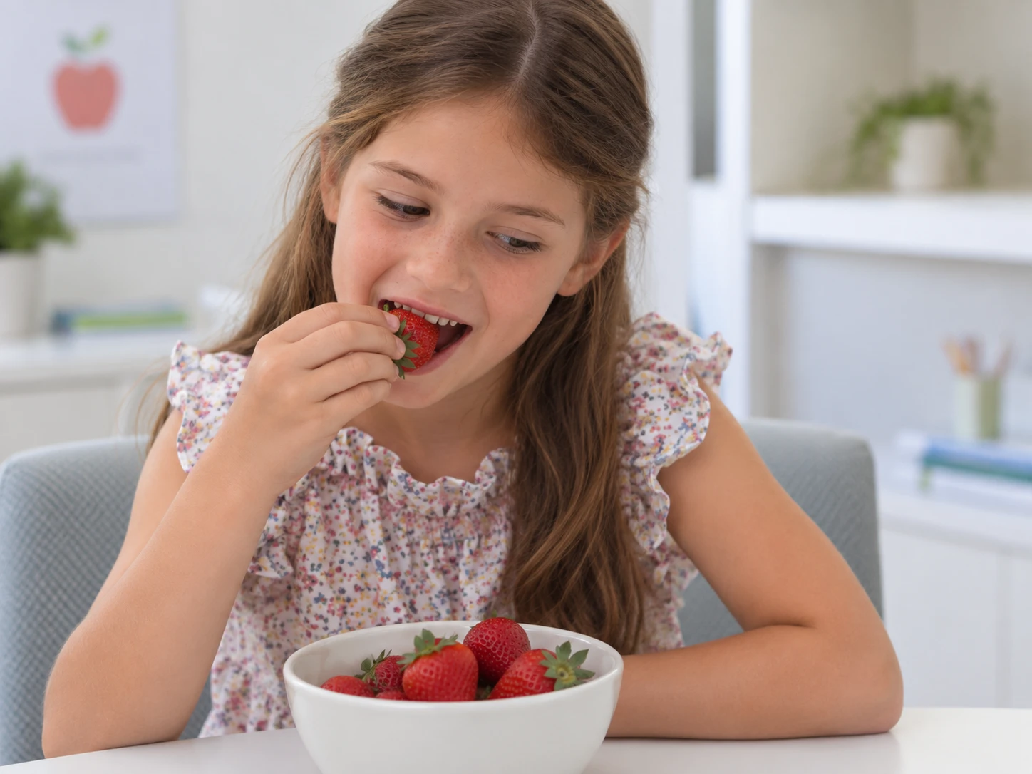 Criança sorrindo enquanto come um morango de uma tigela de frutas