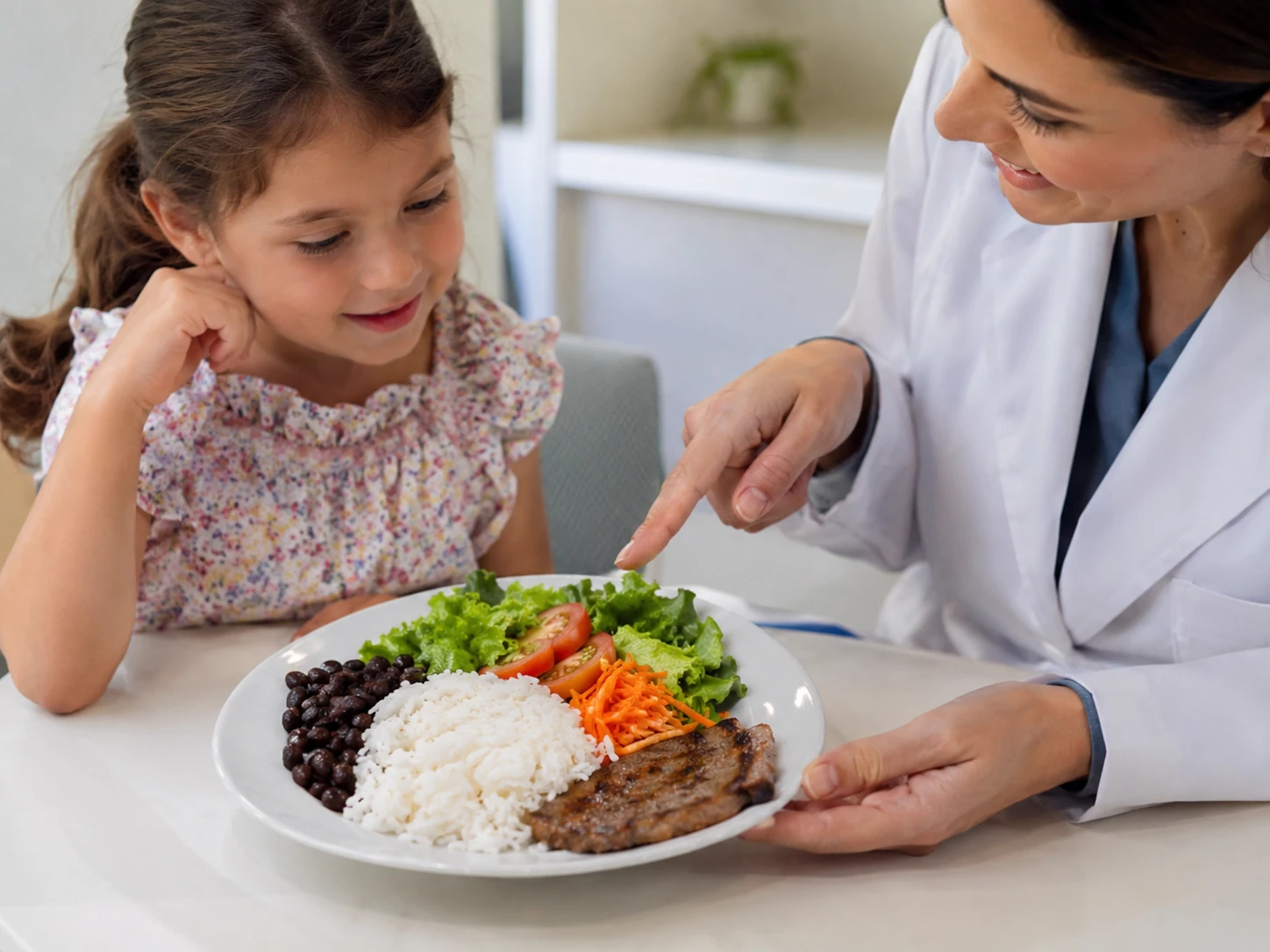 Profissional apresentando um prato equilibrado de alimentos a uma criança